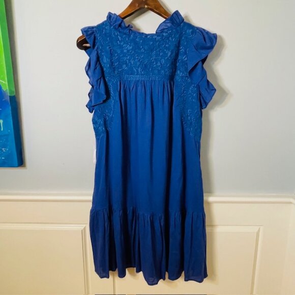 J. Marie Embroidered Ruffled Flutter Sleeve Tiered Dress NWT Cobalt Blue XS - Picture 7 of 9
